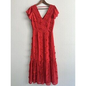 La Maison Talulah Embroidered Floral V Neck Flutter Sleeve Midi Dress Red Sz S